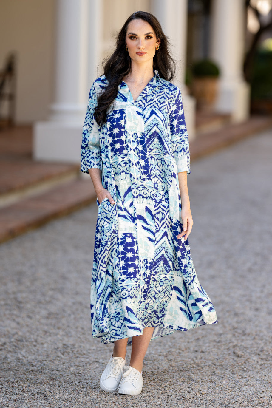 Geometric Blue White Print Maxi Dress