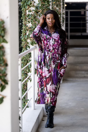 Purple Multi Colour Floral Crushed Dropped Pocket Dress