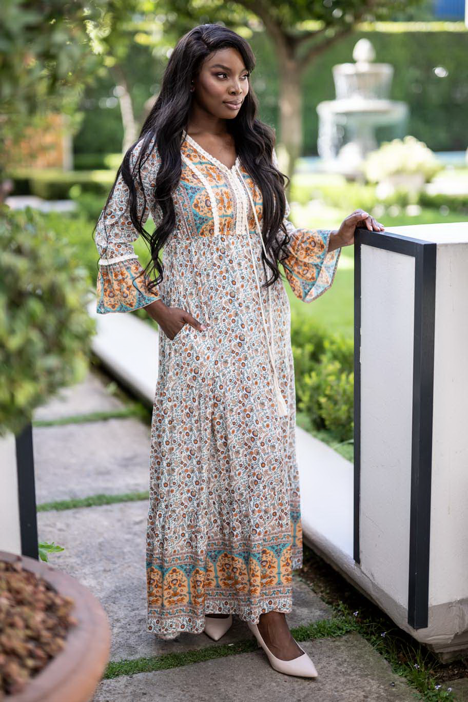 Boho maxi long sleeve dress hotsell
