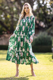 Emerald Green & Pink Floral Maxi - Dress