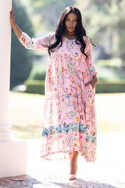 Pink Paisley with Aqua Border Maxi Dress