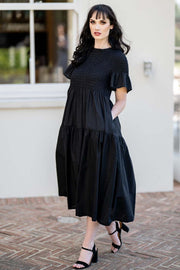 Black Cotton Smock Dress with Layers and 3/4 Frill Sleeve